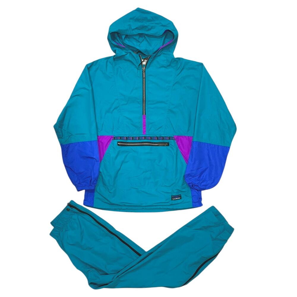 Vintage LL Bean Jacket Pants Mens M Teal Windbreaker Anorak Colorblock Aztec Set